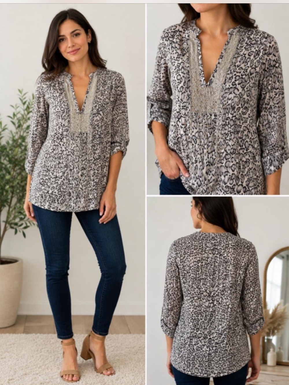 Chico’s 100% Silk Animal Print embroidered Sequin Tunic Blouse Gray Siz 2